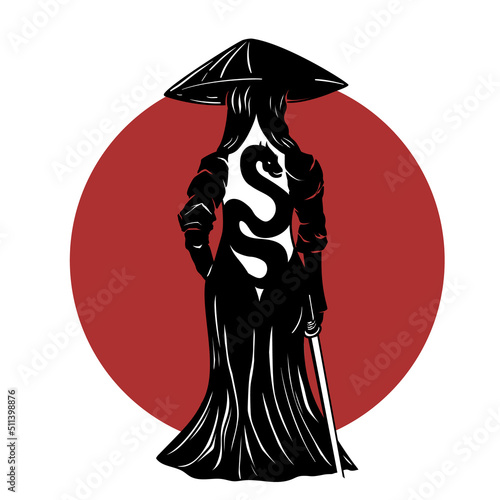 Samurai girl in Japanese armor with a katana on her shoulder, standing in profile against the red sun. 2D illustration.