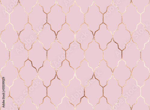 Moroccan seamless pattern with rose gold decorative rhombuses tiles.