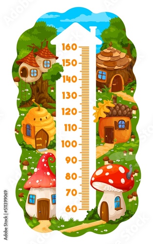 Kids height chart ruler with fairytale cartoon houses. Vector growth meter with nest on tree, wooden cottage, beehive, acorn, amanita or fly agaric mushrooms. Wall sticker for child height measurement