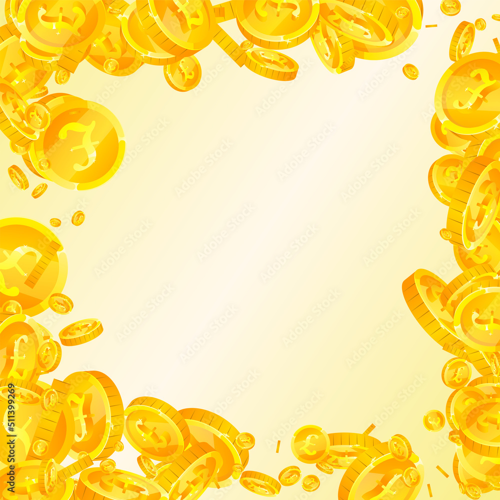 British pound coins falling. Enchanting scattered GBP coins. United Kingdom money. Adorable jackpot, wealth or success concept. Vector illustration.