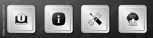 Set Laptop with information, Information, Screwdriver and wrench spanner and Speech bubble chat icon. Silver square button. Vector
