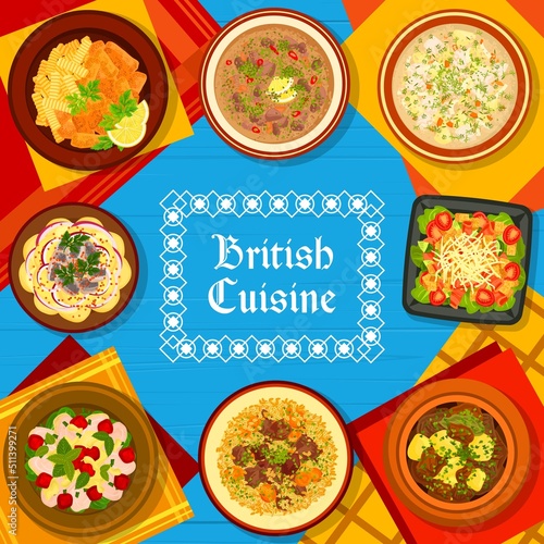 British cuisine menu cover. Irish chowder, Irish stew and salad with potato and anchovy, tomato salad with bacon lettuce, chicken cherry salad and fish with chips, lamb with pearl barley, kidney soup