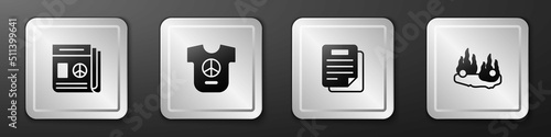 Set News, Peace, Document and Burning car icon. Silver square button. Vector