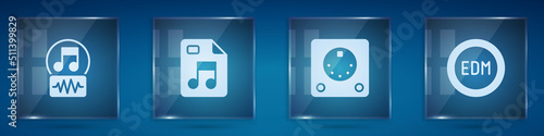 Set Music note, tone, MP3 file document, Drum machine and EDM electronic dance music. Square glass panels. Vector