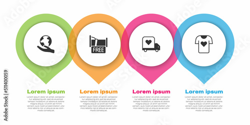 Set Hand holding Earth globe, Free overnight stay house, Delivery truck with heart and Clothes donation. Business infographic template. Vector