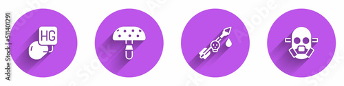 Set Drop of mercury, Fly agaric mushroom, Poison on the arrow and Gas mask icon with long shadow. Vector
