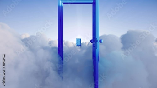 looping 3d animation, flight through opening blue doors in the sky. Way to eternity, religious afterlife concept. Endless dream journey photo