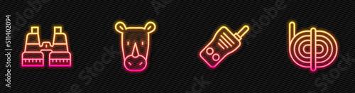 Set line Walkie talkie, Binoculars, Rhinoceros and Climber rope. Glowing neon icon. Vector