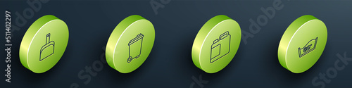 Set Isometric line Dustpan, Trash can, Bottle for cleaning agent and Temperature wash icon. Vector