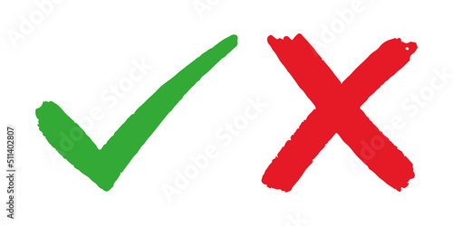 Right and wrong icon. hand drawn of Green check mark and Red cross isolated on white background. Vector illustration.