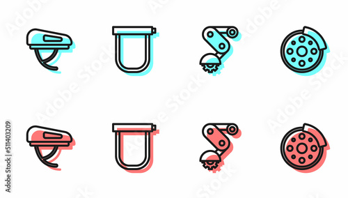 Set line Derailleur bicycle rear, Bicycle helmet, lock and brake disc icon. Vector