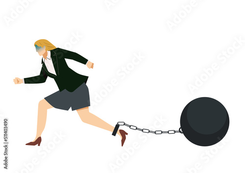 鉄球と鎖に繋がれた白人系女性ビジネスマンのイラスト　8等身　足枷、借金、重税イメージ