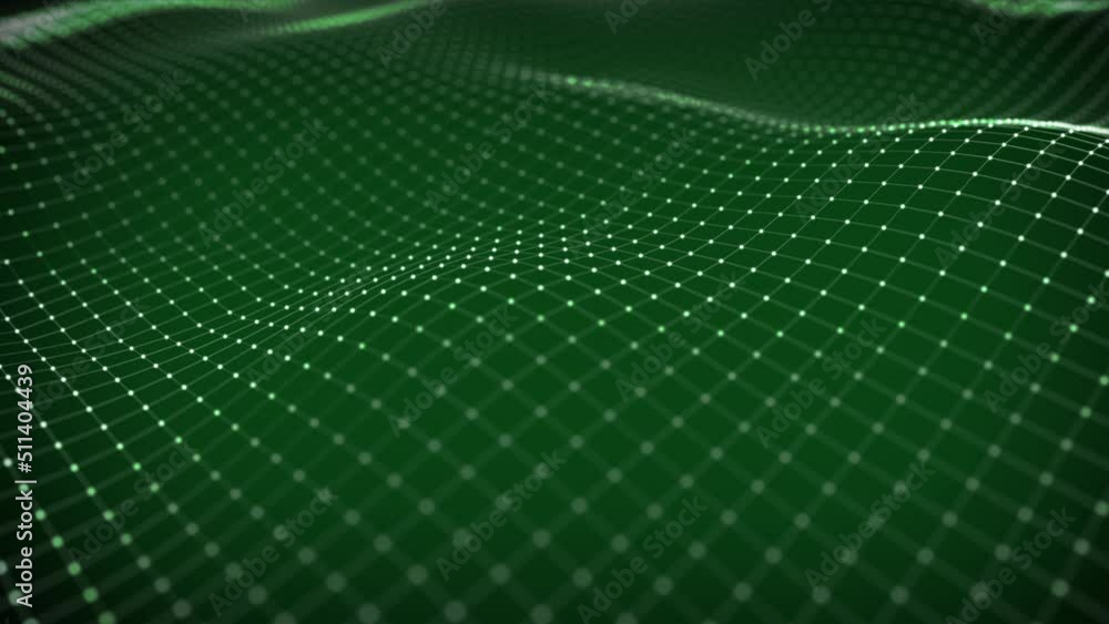 Abstract green background of a plexus of luminous dots animated by waves connected by thin lines. Seamless loop animation