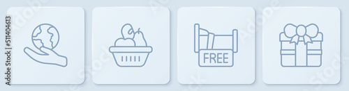 Set line Hand holding Earth globe, Free overnight stay house, Donation food box and Gift. White square button. Vector