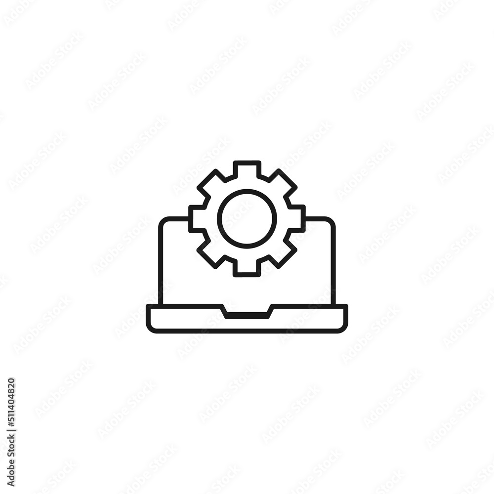Setting or engineering concept. Vector sign drawn with thin line. Editable stroke. Perfect for web sites, stores, shops. Vector line icon of gear over laptop Setting or engineering concept. Vector sign drawn with thin line. Editable stroke. Perfect for web sites, stores, shops. Vector line icon of gear over laptop