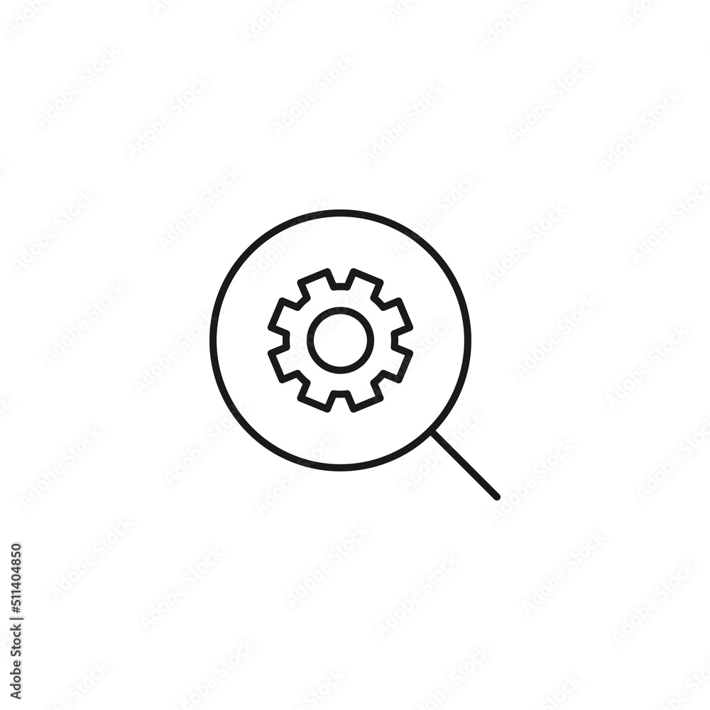 Setting or engineering concept. Vector sign drawn with thin line. Editable stroke. Perfect for web sites, stores, shops. Vector line icon of gear inside of magnifying glass Setting or engineering concept. Vector sign drawn with thin line. Editable stroke. Perfect for web sites, stores, shops. Vector line icon of gear inside of magnifying glass