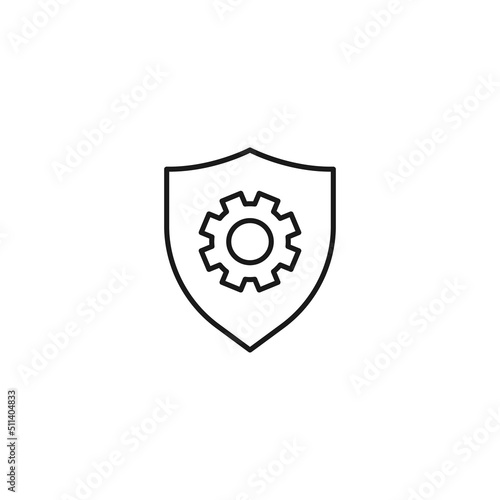 Setting or engineering concept. Vector sign drawn with thin line. Editable stroke. Perfect for web sites, stores, shops. Vector line icon of gear under shield