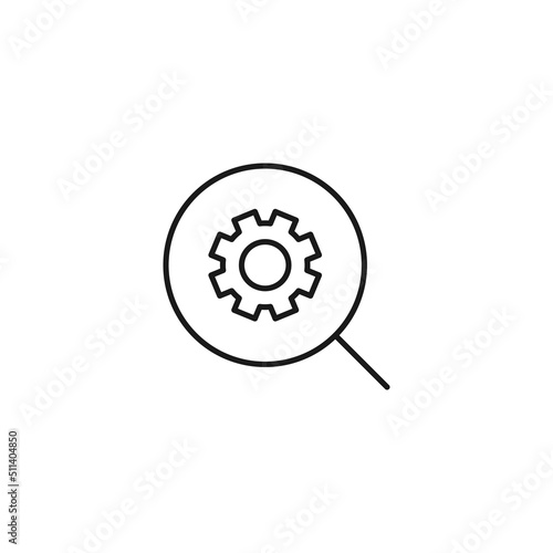 Setting or engineering concept. Vector sign drawn with thin line. Editable stroke. Perfect for web sites, stores, shops. Vector line icon of gear inside of magnifying glass