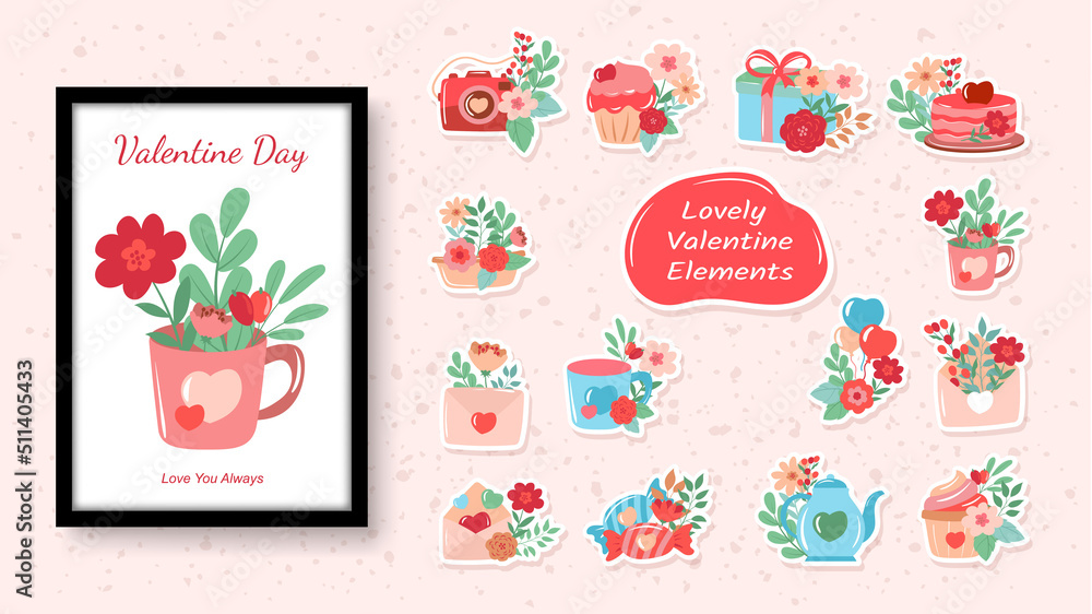Romantic valentine stickers with flowers, cute floral bouquets elements
