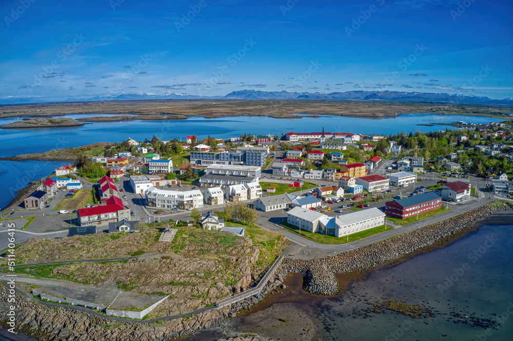 Aerial View of Borgarnes, Iceland during the brief Summer