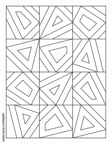 Coloring page. An image of 12 irregular concentric polygon shapes. Black and white pattern. Relieve stress and anxiety. Mural art design. EPS8 #578