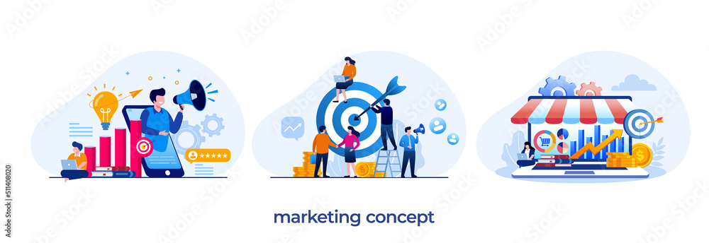 marketing concept, strategy, business, target, teamwork business, advertising, flat illustration vector