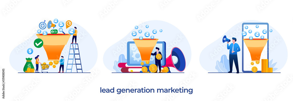 Lead generation, marketing online, social media marketing, trends, ads, advertisement, online business flat illustration vector
