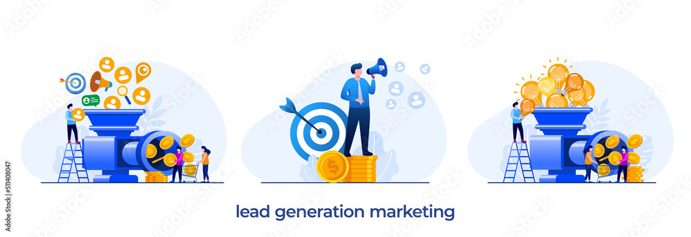 Naklejka premium Lead generation, marketing online, social media marketing, trends, ads, advertisement, online business flat illustration vector
