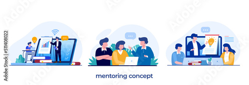 mentoring, teaching, online courses, training, teamwork, business concept, flat illustration vector