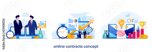 online contracts concept, agreement, corporate, collaboration, business partnership, partner, flat illustration vector