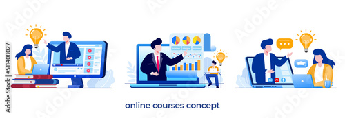 online courses, mentoring, training, video e-learning, presentation concept, seminar, online meeting, flat illustration vector