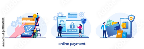 Online payment, credit card, mobile banking, e-wallet, e-commerce, transaction, purchase, flat illustration vector