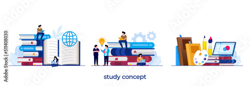 study, education concept, back to school, read a book, learn, knowledge, studying, library, flat illustration vector