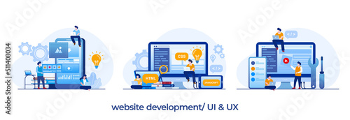 Web development. programming languages. css, html, it, ui. programmer cartoon character developing website, coding. flat illustration banner