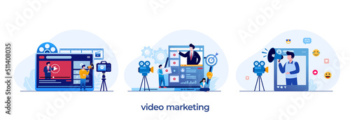 video marketing concept, marketing strategy, business, news, promotion, promo, course, endorsement, flat illustration vector
