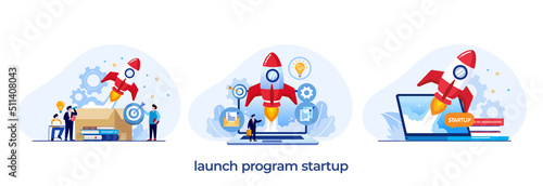 Startup launching program, rocket, online business, innovation, teamwork illustration landing page flat vector template