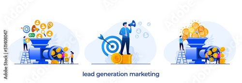 Lead generation, marketing online, social media marketing, trends, ads, advertisement, online business flat illustration vector