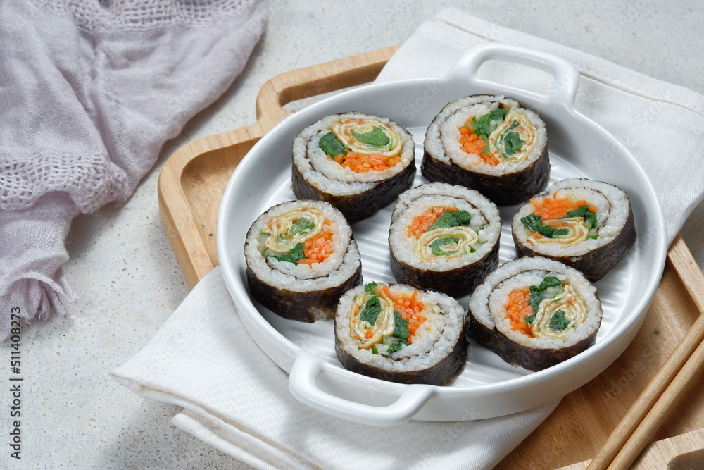 kimbap or gimbap-korean rice roll.Korean style sushi kimbap or gimbap-korean rice roll.Korean style sushi