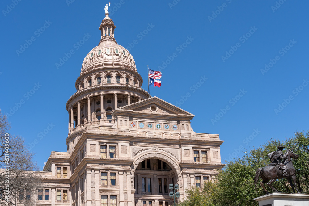 Austin, Texas, USA - March 18, 2022: Top part of the Texas State Capitol building. The Texas State Capitol is the capitol and seat of government of the American state of Texas.