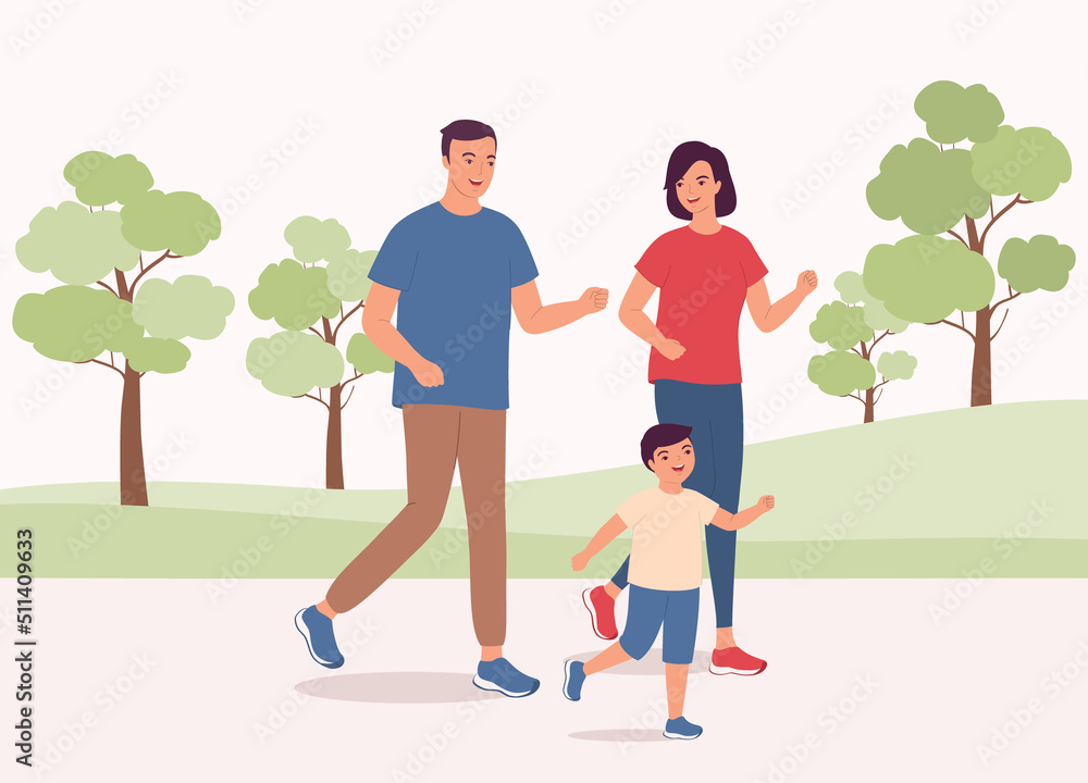 Happy Family With One Child Jogging Together In The Park. Full Length. Character, Cartoon. Happy Family With One Child Jogging Together In The Park. Full Length. Character, Cartoon.