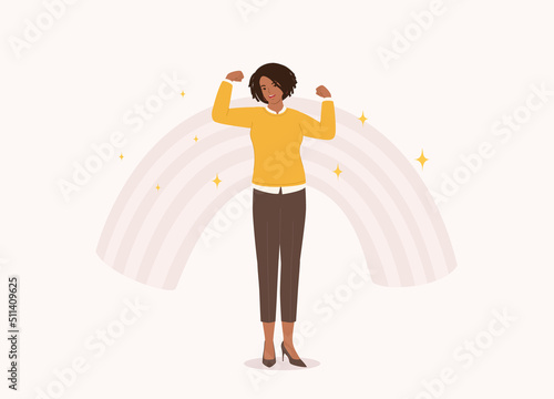 One Confident And Strong Happy Black Woman In Smart Casual Standing And Flexing Muscles. Full Length. Character, Cartoon.