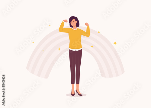 One Confident And Strong Happy Woman In Smart Casual Standing And Flexing Muscles. Full Length. Character, Cartoon.