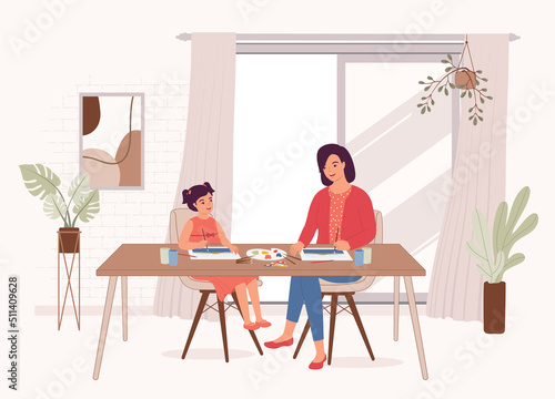 Happy Mother Painting Watercolour With Her Daughter At Home. Full Length. Character, Cartoon.