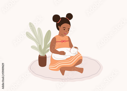 One Smiling Black Girl Stroking Her Sleepy White Cat On Her Lap. Full Length. Character, Cartoon.