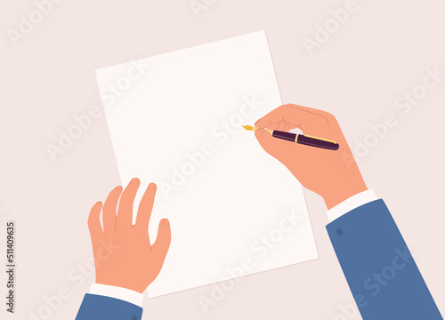 Businessman’s Hand Writing On A White Empty Paper With Fountain Pen. Close-Up. Character, Cartoon.