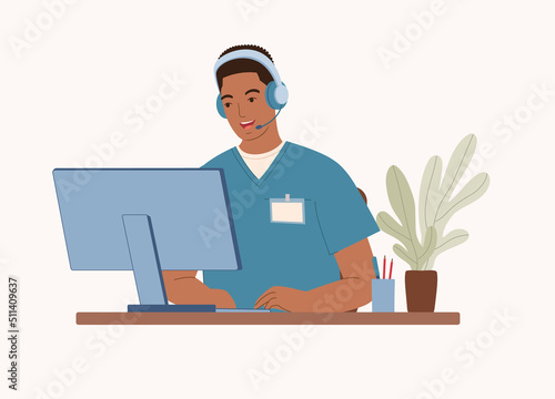 One Smiling Black Male Healthcare Customer Service Representative With Headset And Medical Scrubs Uniform Working With Desktop Computer. Half Length. Character, Cartoon.