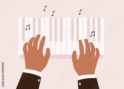 Black Male’s Hand With Formalwear Playing Piano Keys. Close-Up. Character, Cartoon.