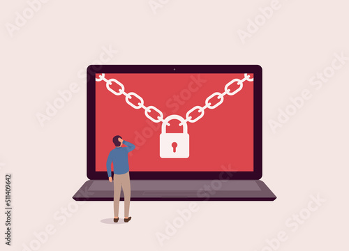 Concept Of Ransomware Attack. Man’s Laptop Being Attacked By Ransomware. Padlock And Chain Showing On Laptop Screen. Full Length. Character, Cartoon.