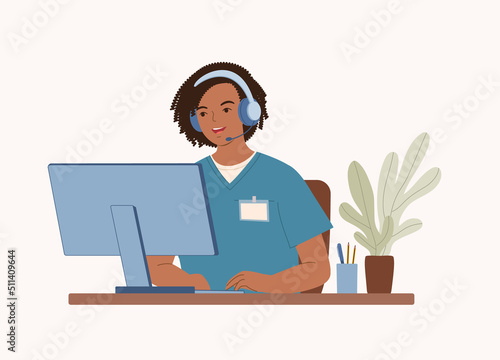 One Smiling Black Female Healthcare Customer Service Representative With Headset And Medical Scrubs Uniform Working With Desktop Computer. Half Length. Character, Cartoon.