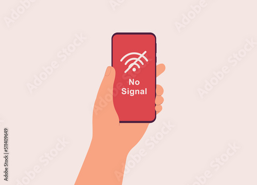 Male’s Hand Holding Mobile Phone With No WiFi Signal Showing On Screen. Close-Up. Character, Cartoon.